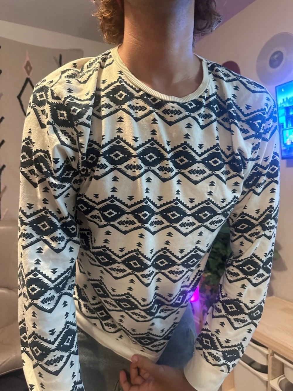 21men Cream and Dark Blue Aztec Crewneck Sweater - Picture 6 of 13